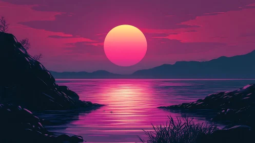 Neon magenta coastal sunset with silhouetted cliffs and reeds