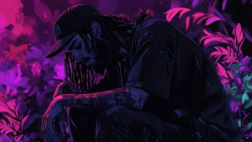 Neon-lit contemplative figure rendered in moody digital noir