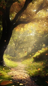 Golden Autumn Path Through Luminescent Tree Canopy.