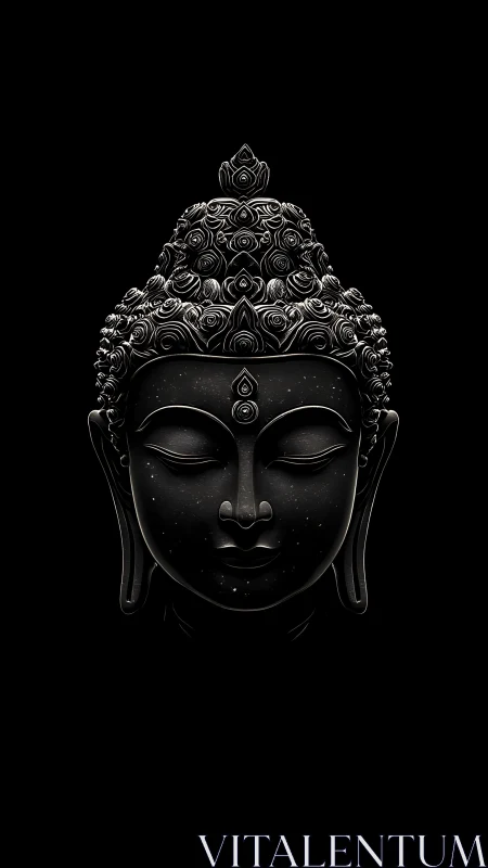 Monochrome frontal Buddha head rendered on black background