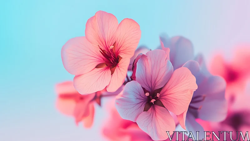 Pink Geranium Blooms Against Soft Blue Gradient.