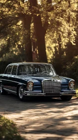 Vintage Mercedes saloon under dappled arboreal daylight.