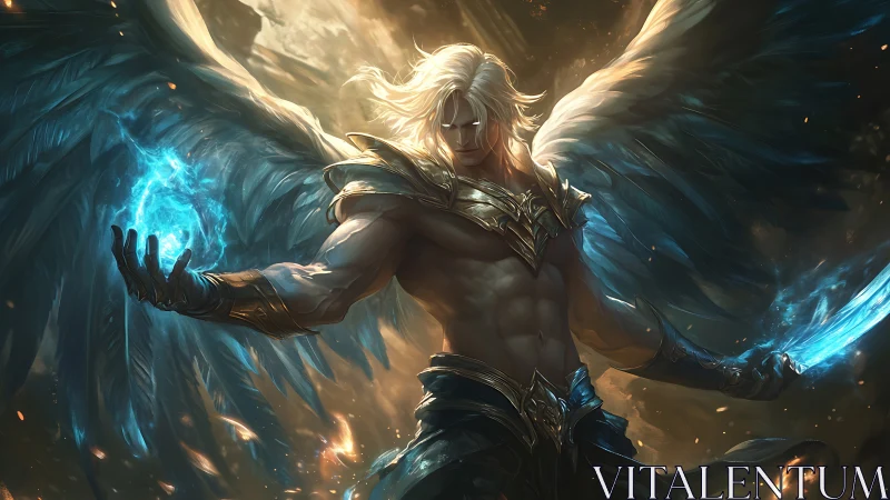 Radiant winged warrior commands celestial fire and light