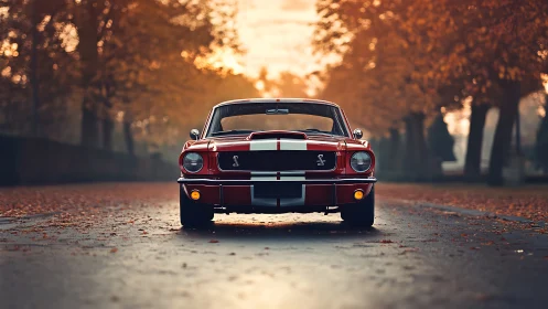 Front orthographic study of red Shelby coupe on autumn road.