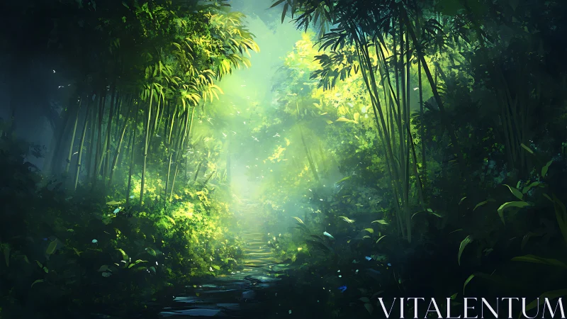 Bamboo Forest Path with Radiant Light.