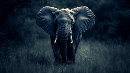 Solitary elephant stands in misty grassland under moonlit tone