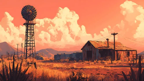 Sunlit desert homestead resting under glowing peach skies.