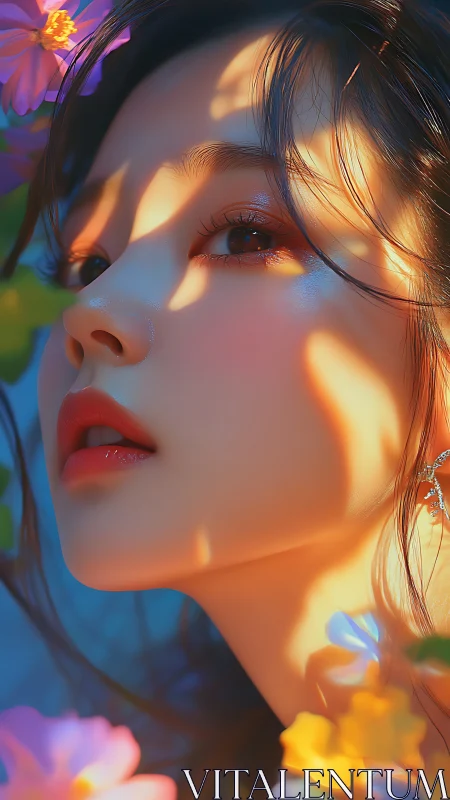 Sunlit portrait of a woman amid glowing pastel flowers.