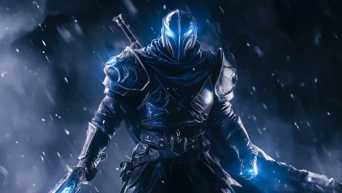 Armored spectral knight advances through icy stormlight.