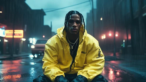 Cinematic urban portrait in rain-soaked neon streetscape framing.