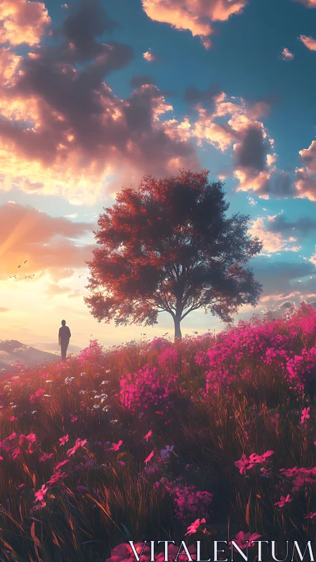 Solitary figure on wildflower hill under luminous sunset sky