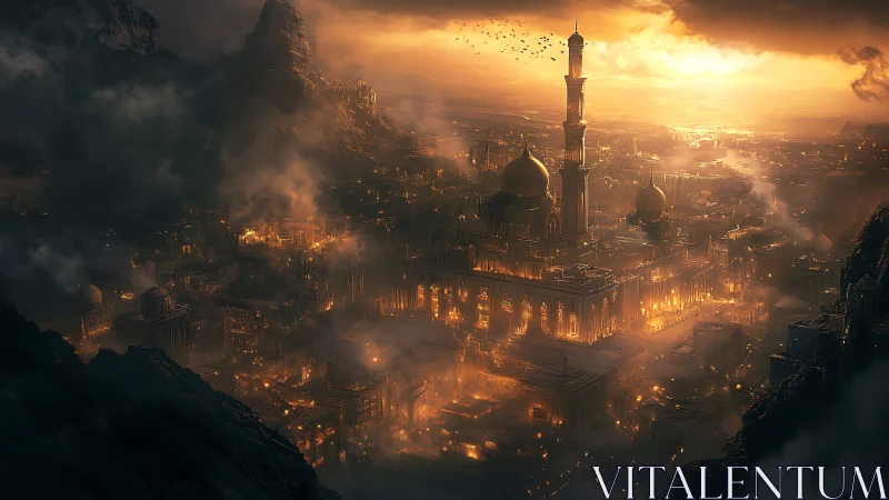 Sunlit domed city with central tower in smoky valley.