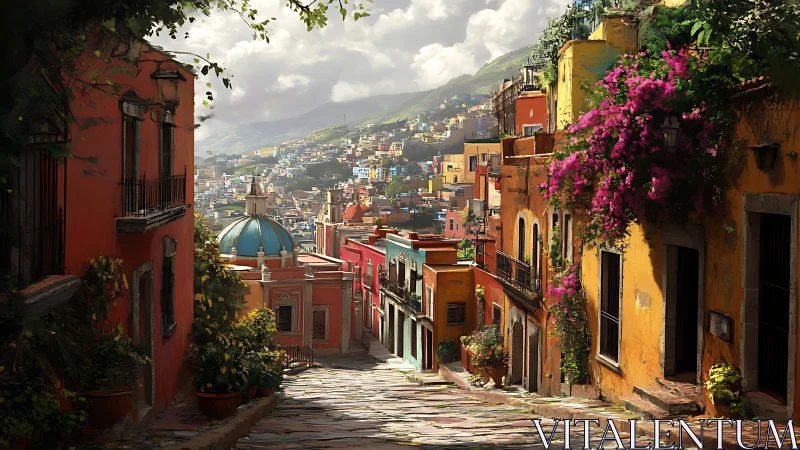 Digital painting of sunlit hillside street in vibrant townscape.