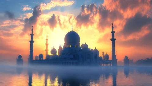 Mosque silhouette against misty water and luminous sky.