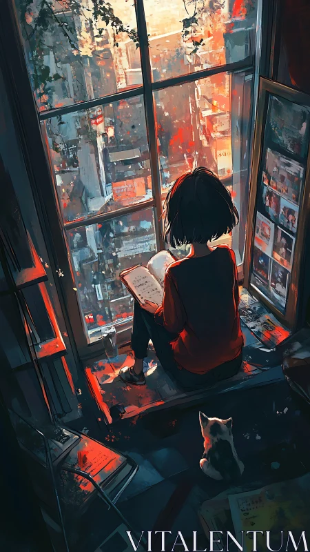 Girl reading by city window under warm sunset glow.
