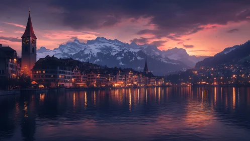 Lakeside European town at dusk with illuminated waterfront.