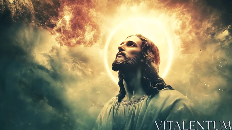 Radiant robed figure gazing upward in glowing sky halo.