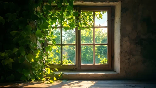 Sunlit ivy-framed cottage window captures tranquil greenery