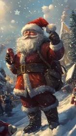 Jolly Santa savors a snowy village stroll with festive cheer