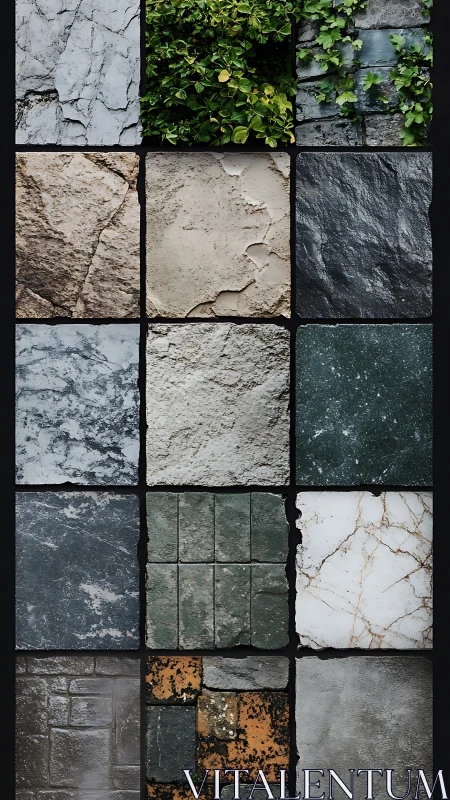 Stone wall texture grid with ivy and weathered surfaces.