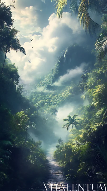 Mystical Jungle Valley: Digital Landscape Through Atmospheric Mist.