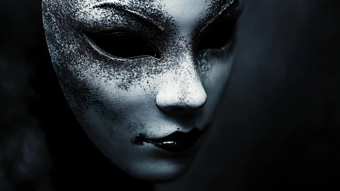 White cracked masquerade mask in dark close-up portrait.