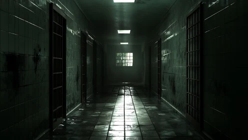 Abandoned prison corridor rendered in cinematic low key 3D lighting