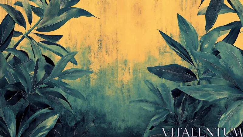 Symmetrical teal foliage silhouettes against textured ochre field