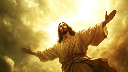 Radiant robed figure ascends through glowing golden light