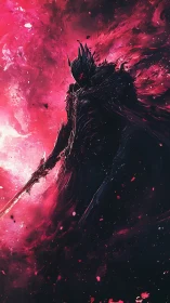 Dark armored warrior in swirling crimson cosmic void.