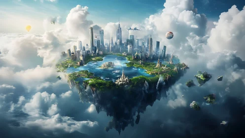 Aerial megacity island suspended in stratocumulus cloudscape.