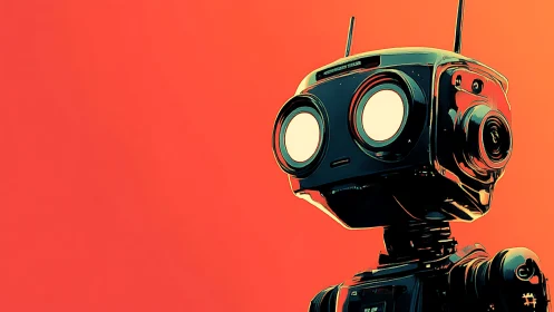 Retro-styled cartoon robot gazes ahead on vivid orange field.