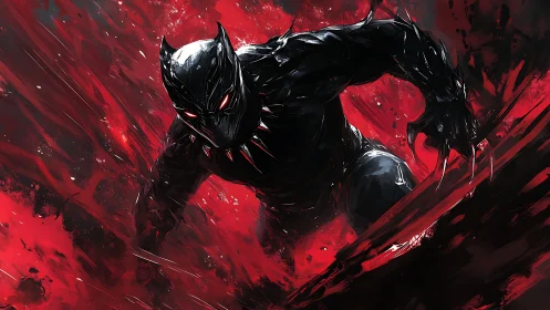 Shadowed panther hero lunges through fierce crimson storm.