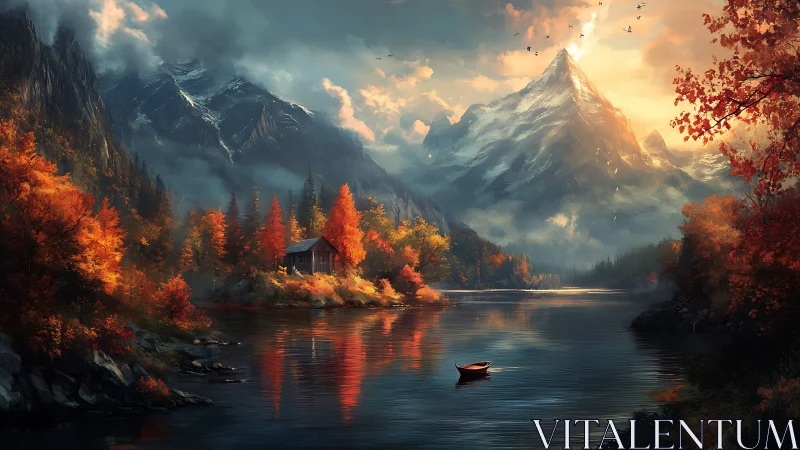 Mountain lake landscape shows cabin, boat and autumn forest