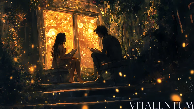 Silhouetted figures exchange moments through glowing window frame.