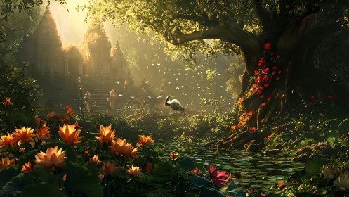 Radiant jungle temple courtyard with heron, lotus pond and volumetric light