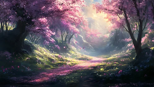 Enchanted Forest Awakens with Blooming Pink Cherry Blossoms