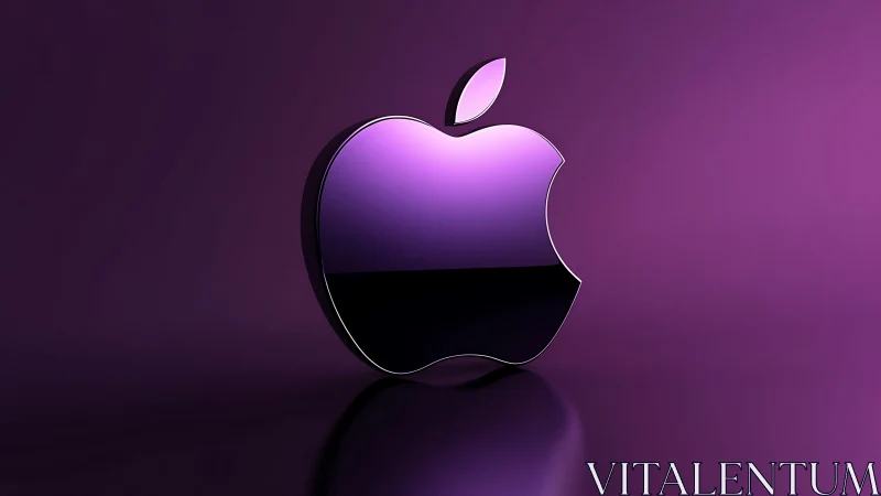 Glossy purple metallic apple logo on reflective surface.