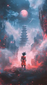 Firelit warrior studies the moonlit pagoda beyond chaos