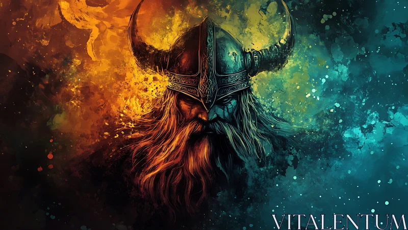 Fiery viking warrior emerging from stormy painted mist.