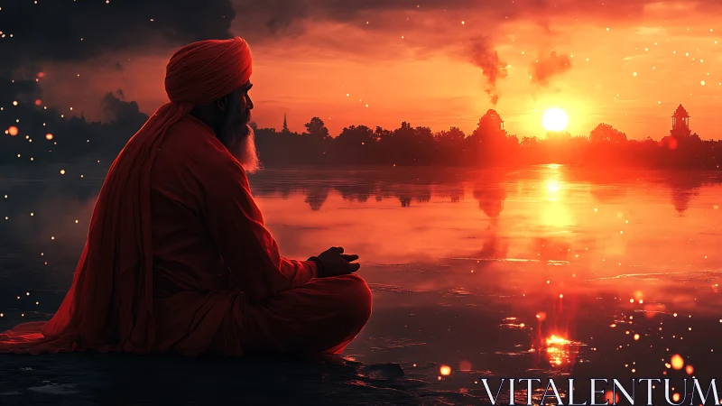 Solitary figure in orange near reflective water at sunset.