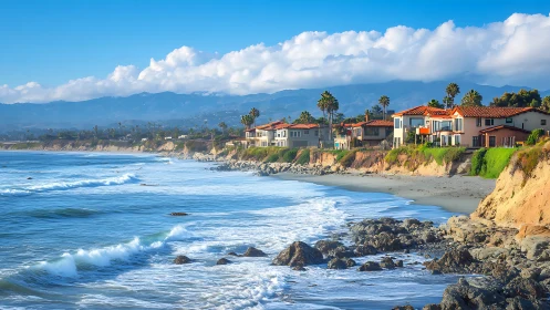 Coastal villas on sunlit bluffs above turquoise Pacific surf.