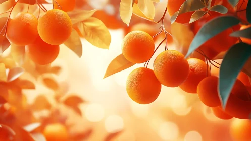 Ripe oranges glow on sunlit branches in soft bokeh light.