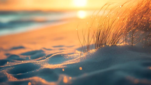 Golden sunset light glows on sandy beach dunes and grasses.