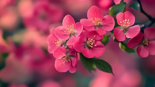 Pink Quince Blossoms. Spring Flowering Branch Details.