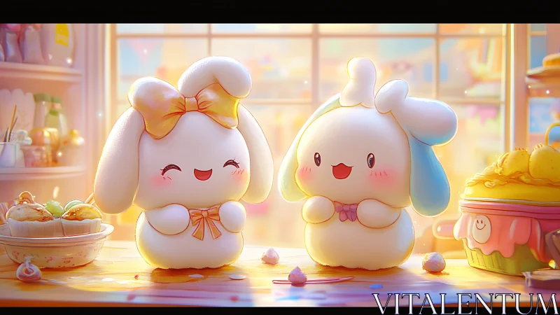 Cute bunny plush characters in pastel dessert kitchen.