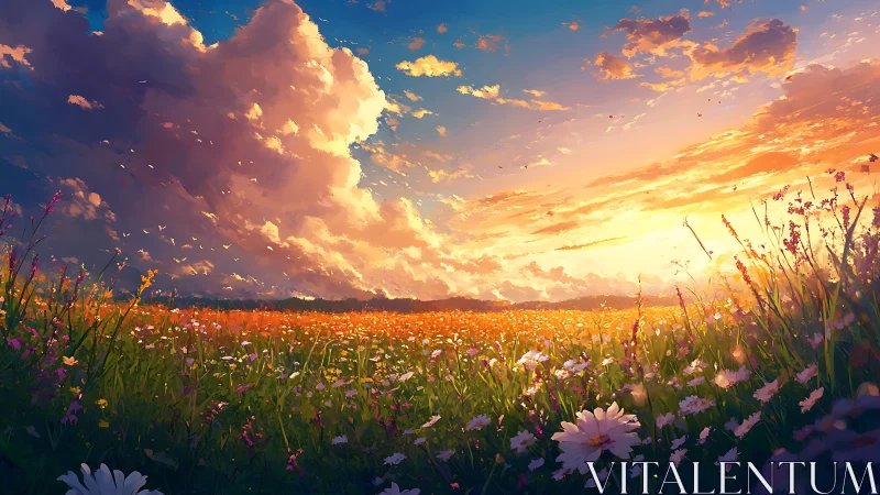 Digital landscape shows wildflower field under sunset sky