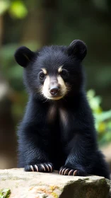 Young black bear cub standing on rock in forest setting.