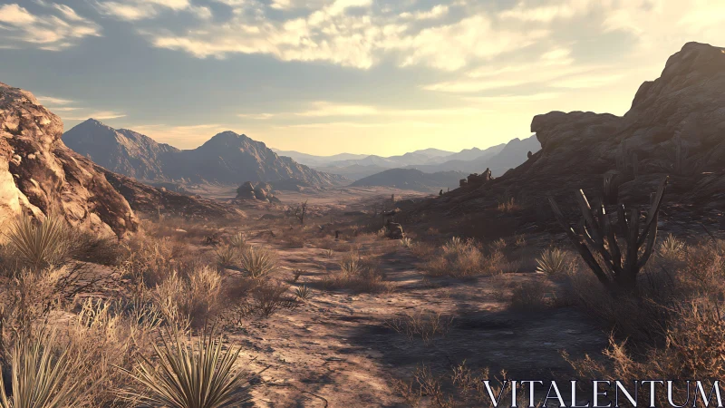 Rendered arid valley landscape shows rocky terrain and distance