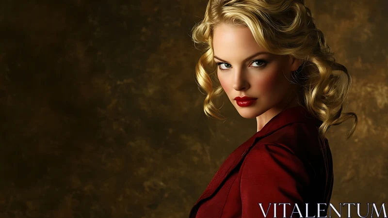 Blonde woman in red jacket against dark studio backdrop.